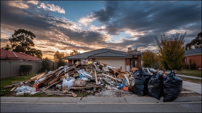 Post-disaster debris: A house sits behind a large pile of rubble and trash bags after severe weather, conveying destruction and the arduous cleanup process.