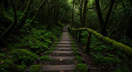 Obraz premium Mysterious Wooden Stairway Through a Verdant, Moss-Covered Forest