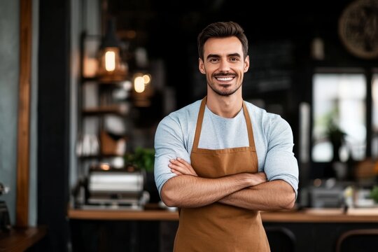 Smiling Restaurant Owner Stands Confidently, Creating Positive First Impressions for Guests to Enjoy