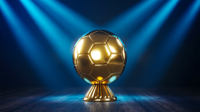 A photorealistic image of a golden soccer ball trophy against a dark blue background with dramatic blue light beams. The soccer ball is positioned on a golden pedestal base.