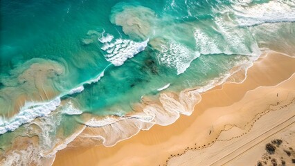 Aerial view of a beach with turquoise water and white sand during daytime.