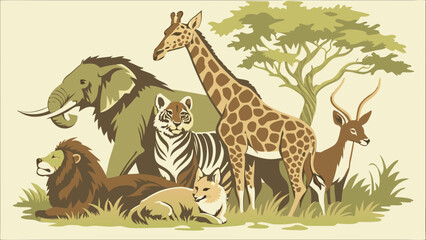 African Wild Animals Group Safari Wildlife Collection with Elephant Lion Giraffe Tiger and Fox Illustration
