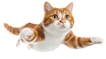 Obraz premium A playful cat appears to leap through the air, showcasing its agility and curiosity with wide eyes and outstretched paws.