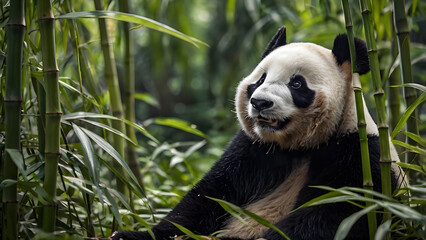 Majestic Giant Panda Rests Peacefully in a Lush Green Bamboo Forest