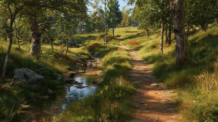 Fototapeta premium A vibrant forest scene showcases lush greenery, sunlight filtering through the trees, and a winding trail, creating a tranquil atmosphere.