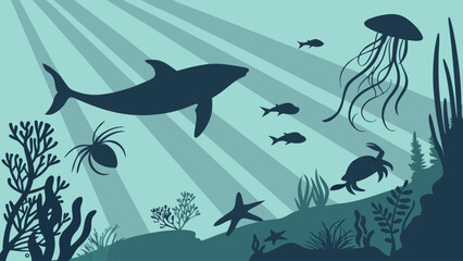 Obraz premium Underwater ocean scene with marine animals, fish, whale, jellyfish, coral reef, and sun rays. Sea life silhouettes.