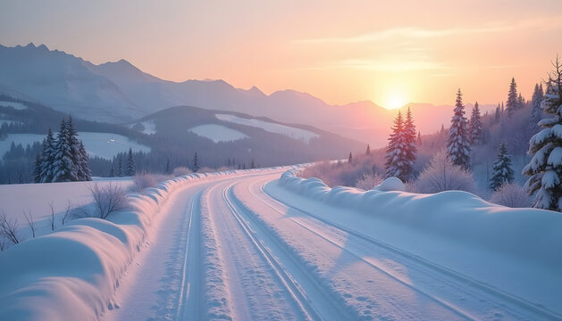 A snowy road winds through a forest at sunrise, creating a beautiful winter landscape.