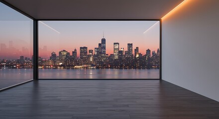 Obraz premium Sleek Penthouse Corner Window Framing the Manhattan Skyline at Twilight