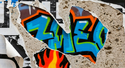 Torn street poster revealing graffiti on concrete wall, extreme close-up, even light, urban grunge texture