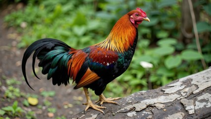 Fototapeta premium Vibrant Rooster on Weathered Wood, Lush Green Background, Serene Farm Scene