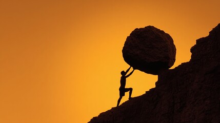 Silhouette of a man struggling to push a large rock uphill against an orange sky. The image evokes themes of challenge, perseverance, and strength.