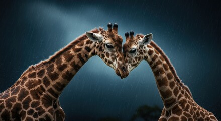 Giraffes intertwined in a romantic pose african savanna wildlife photography nighttime close-up view nature's beauty