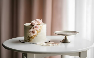 Elegant Cake with Roses and Gold Leaf on a White Tabletop