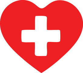 A vibrant red heart with a bold white cross symbolizing health care and medical assistance