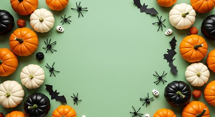 Festive Halloween Pumpkin and Decoration Arrangement on Green Background