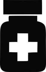 Obraz premium Simple black silhouette of a medicine bottle featuring a prominent white cross symbol indicating health and medical care
