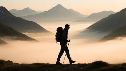 A hiker with a backpack walks along a mountain ridge, silhouetted against a misty valley and distant peaks.