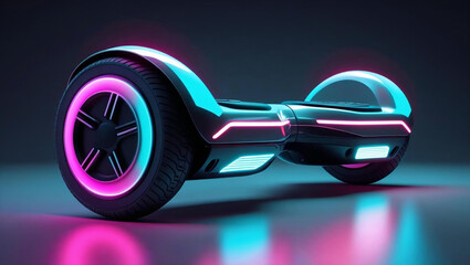 Sleek modern electric self-balancing scooter illuminated with vibrant neon lights, showcasing futuristic personal mobility technology against a dark background.