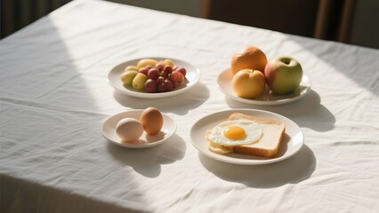 Simple Breakfast Setup with Eggs, Toast, Fruits, and Grapes on a White Tablecloth