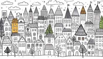 Fototapeta premium Black and white drawing of an old European neighborhood with charming rooftops.