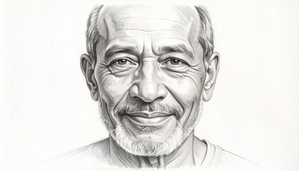 Realistic pencil portrait of senior man with warm smile.