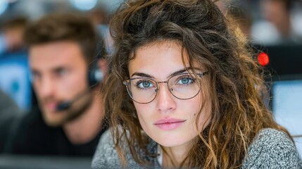 Confident customer service representative with glasses looking directly at the camera in a modern office environment, ready to help
