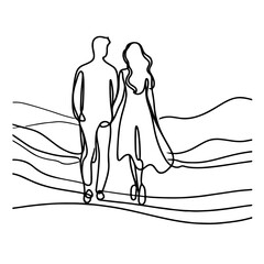 Continuous Line Drawing of a Couple Walking Hand in Hand – Minimalist Romantic Illustration