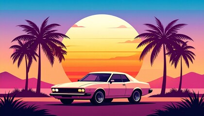 Vintage car by the beach with palm trees and colorful sunset gradient sky.