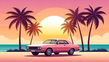 Retro illustration of palm trees, ocean, and a pink car under colorful sunset sky.