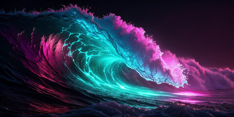 Obraz premium Surreal neon wave illuminated by vibrant electric blue and pink light