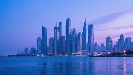 Fototapeta premium Twilight Skyline with Modern Skyscrapers Reflecting on Water