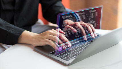 Programmer using laptop with AI agent interface for coding, automation, and data processing