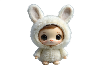 Adorable Baby Doll in Bunny Costume with Big Eyes on transparent background