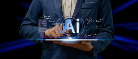 Businessman using digital tablet with AI interface, holographic icons, and prompt command for innovation, data, and technology solutions