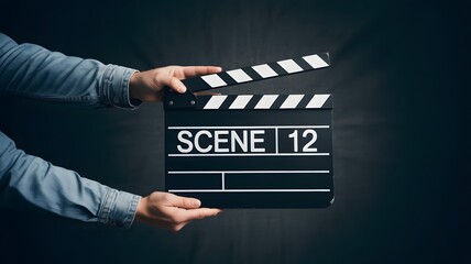 Obraz premium Hands Holding Clapperboard with Scene Twelve on Dark Background, Denim Sleeves