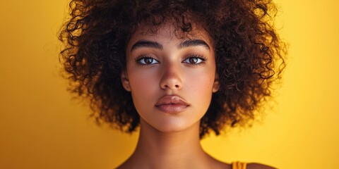 Case study photo of foreign woman with frontal angle, wearing stylish wig, tanned skin Stock photo