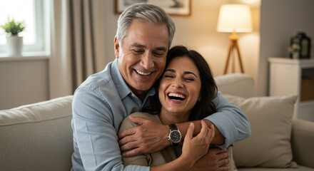 A smiling couple embracing on a sofa in a living room with natural light and neutral colored decor