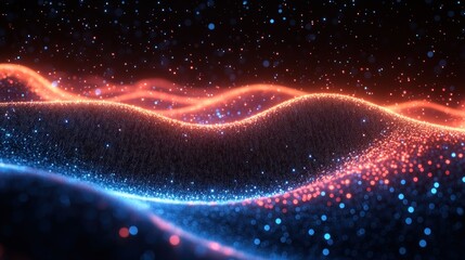 Obraz premium Abstract Glowing Particle Waves: A Symphony of Blue and Orange Hues