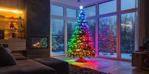 Christmas tree with rainbow LED lights in a modern home Stock photo