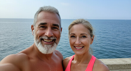 A smiling couple with gray hair and athletic wear posing for a selfie with a sea background view