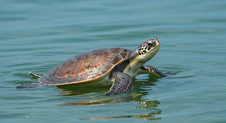 Sea Turtle Swimming in Turquoise Water, Close-up View