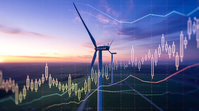 A photorealistic image of a wind turbine at sunset, overlaid with financial data visualization elements. 
