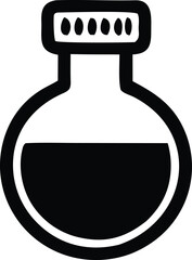 Simple black and white illustration of a round flask containing a dark liquid with a stoppered top