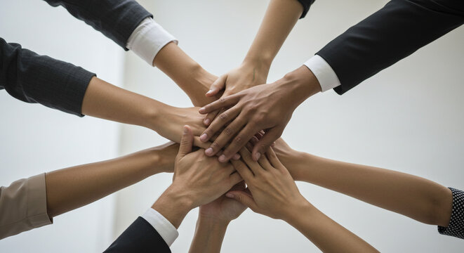 A group of people putting their hands together in a show of unity and teamwork in a bright setting
