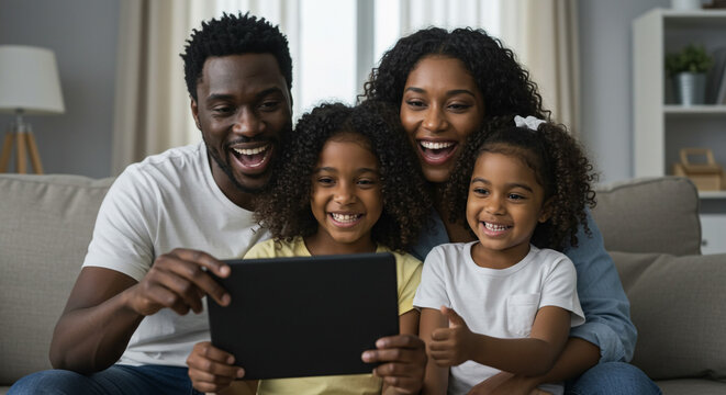A happy african american family smiles while looking at a tablet on a couch in their living room