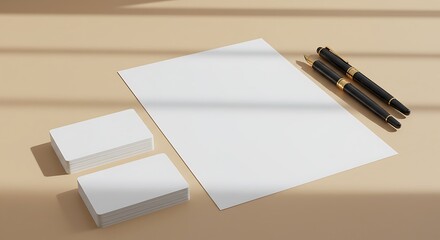 Elegant Branding Mockup with Stationery and Pens in Soft Window Light.