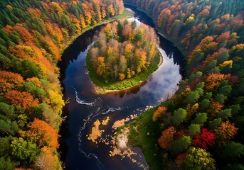 Autumnal River Bend with Vibrant Foliage and Island