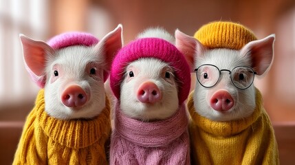 Fototapeta premium Three pigs wearing hats and sweaters are posing for a picture. The hats are pink and the sweaters are yellow. The image has a cute and playful mood