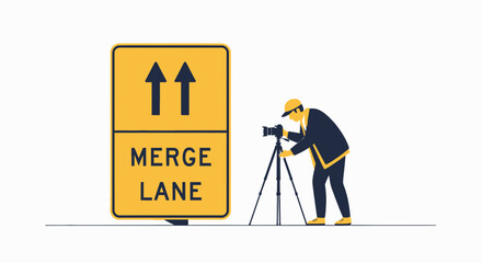 Photographer Capturing Image Of Merge Lane Sign Illustrative Presentation
