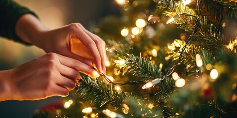 Close-up of hands gently arranging lights on a holiday tree Stock photo